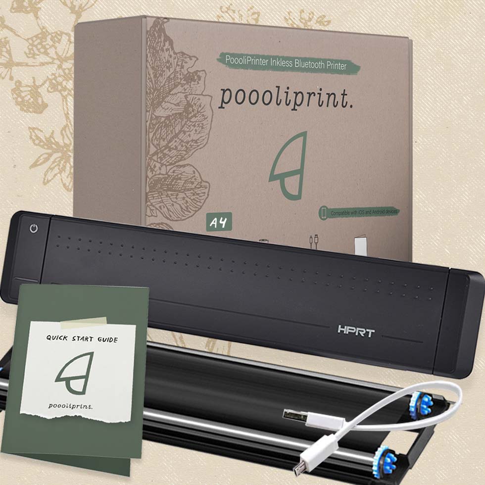Poooliprint A4 office printer black with packaging and a ribbon